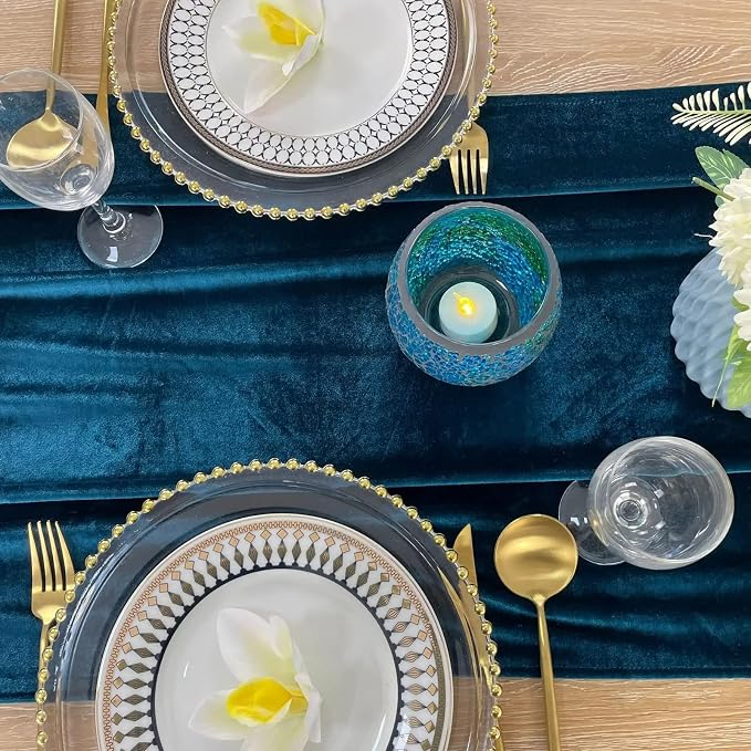 Luxurious Velvet Table Runner, 10ft Wedding Reception Decorations, 20x120inch Soft Velvet Fabric, Table Linen Overlay, Wedding Table Runners (Teal Blue, 20X120inch, 5pack) - Image 2