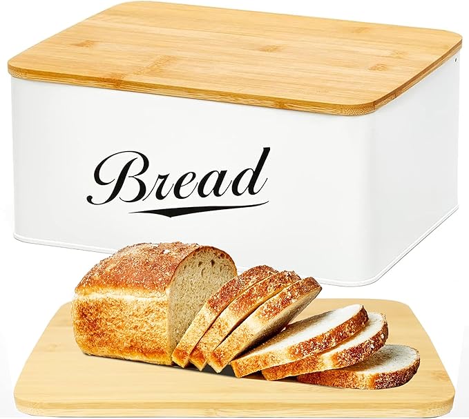 Modern Metal Bread Box with Bamboo Cutting Board Lid | Bread Storage Container for Kitchen Counter, Vintage Kitchen Decor Organizer by RoyalHouse
