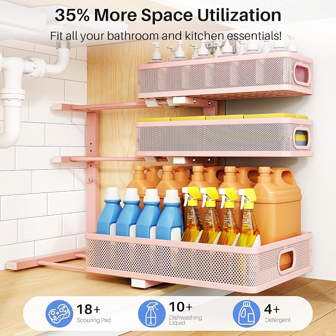 Under Sink Organizer, 3-Tier Thickened Metal Pull out Cabinet Organizer Shelf, Height Adjustable Slide out Storage Drawer Rack for Kitchen Bathroom Pantry Laundry Home Organization, 1-Pack, Pink - Image 4