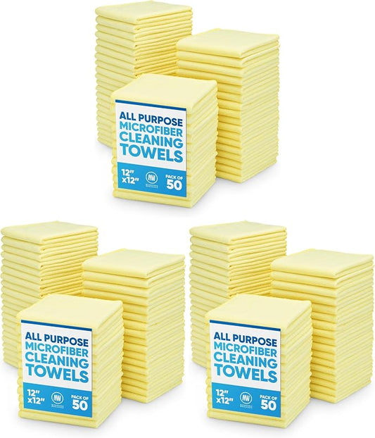 12" x 12" Microfiber Cleaning Cloths (150 Pack) - Reusable Towels, Wash Rags, Dust Cloth, All-Purpose: Kitchen, Dish, Cars, Shop, Glass (Yellow) by MicrofiberWholesale
