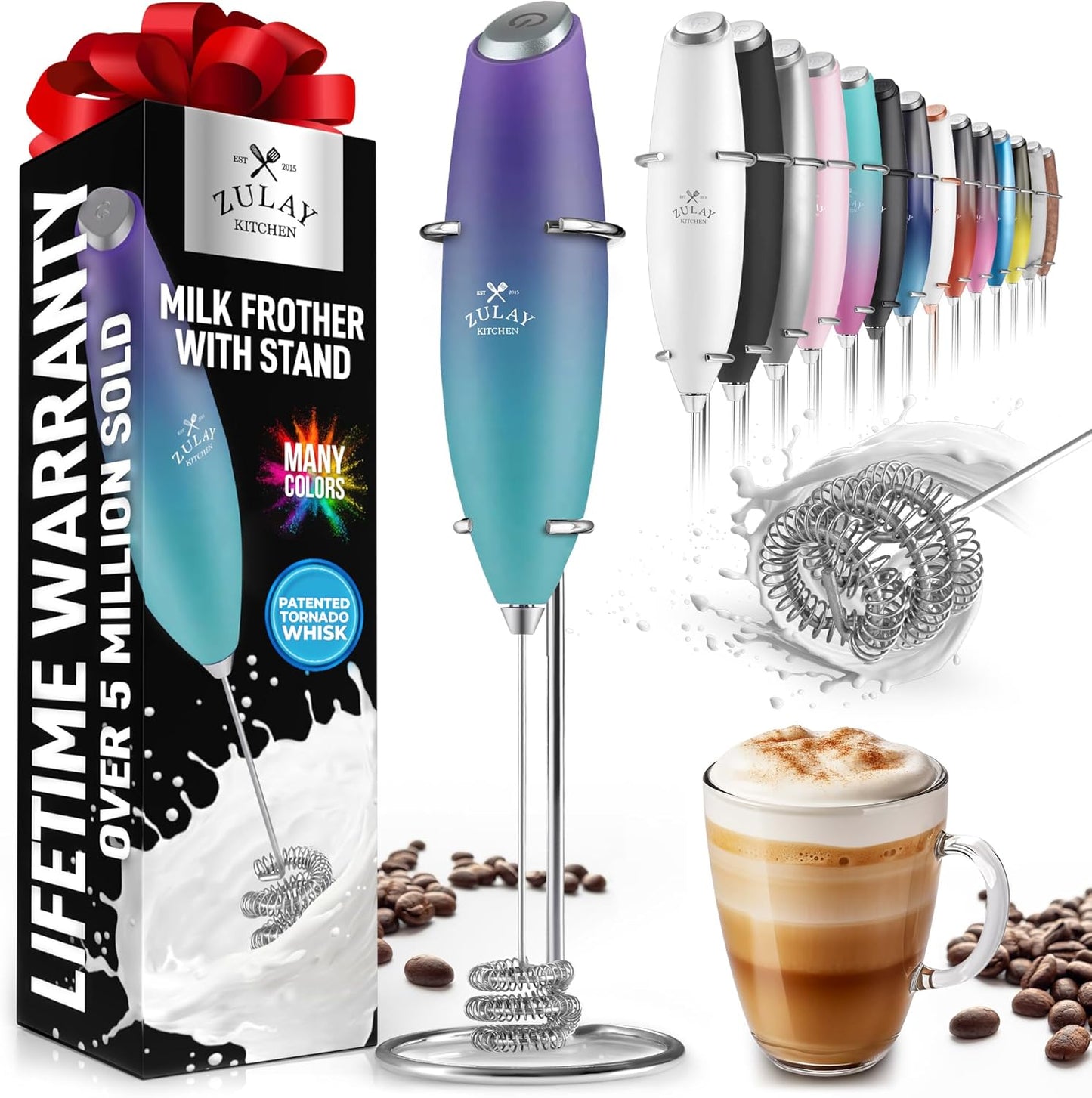 Zulay Kitchen Milk Frother with Patented Tornado Triple Whisk – Handheld Foam Maker for Coffee, Lattes, Matcha & Hot Chocolate – Rich, Creamy Froth in Seconds -