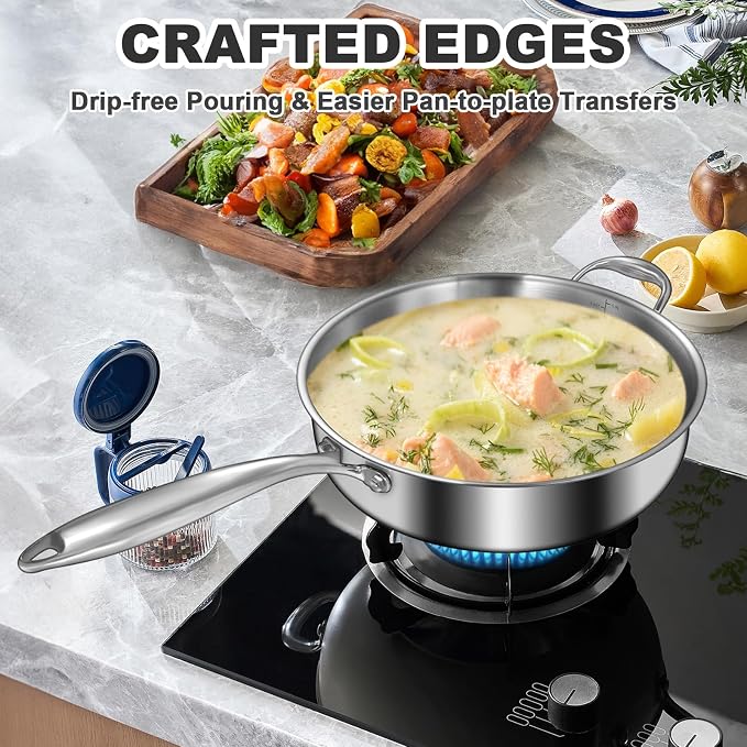 EWFEN 12 Inch Tri-Ply Stainless Steel Frying Pan, Compatible with All Cooktops Up to 600℉, Large Frying Pan with lids, Induction-Ready Skillet, Dishwasher and Oven Safe, Even Heat, 12" Pan+Handle+Lid - Image 6