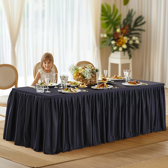 Wish Care Black Table Clothes for Rectangle Tables 6ft, Wrinkle Resistant Fitted Table Cloth with Pleated Ruffle Skirts for Banquet Wedding Baby Shower Folding Tables - Image 2