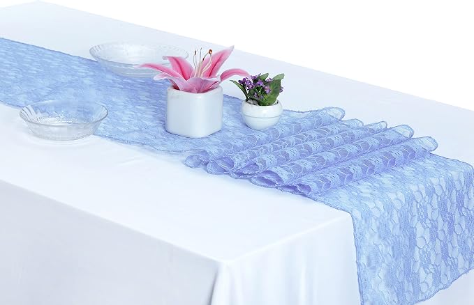MDS Pack of 25 Wedding 12 x 108 inches Lace Table Runner for Wedding, Decorations for Birthday Parties, Banquets, Graduations, Engagements, and Runners fit Rectangle, Round Table- Baby Blue by MDS