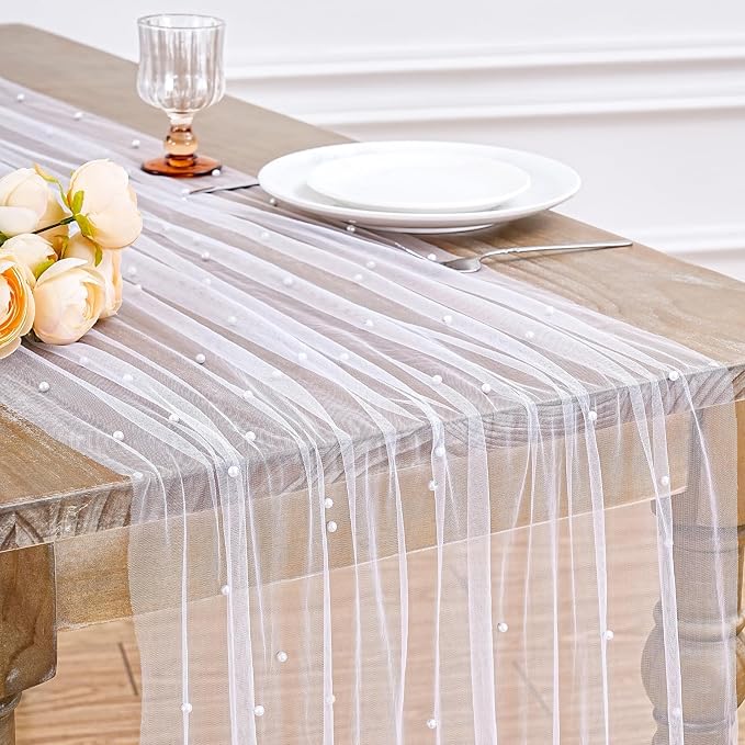 Pearl Gauze Table Runner Tulle Centerpieces Fabric White 10ft Wedding - Image 7