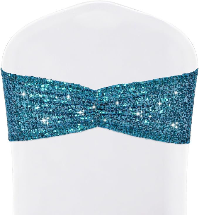 SquarePie Pack of 50 Chair Sashes Teal Glitter Bows Bands for Wedding Banquet Party Decoration by SquarePie