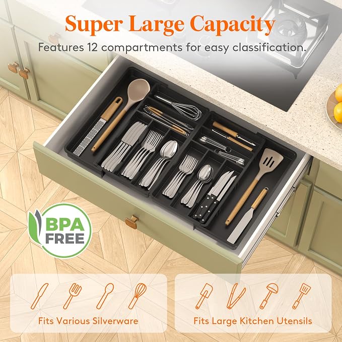Lifewit Silverware Drawer Organizer, Expandable Plastic Utensil Tray | BPA Free Plastic Cutlery Kitchen Holder, Adjustable Flatware Storage for Spoons Forks Knives, 18- 28 x 16.7", Black - Image 5