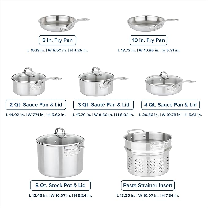 Viking Artisan 3-Ply Stainless Steel 11-Piece Cookware Set with Vented Glass Lids, Fry Pans, Saucepans, Saute Pan, Stock Pot with Strainer Insert, Oven Safe up to 600F - Image 4