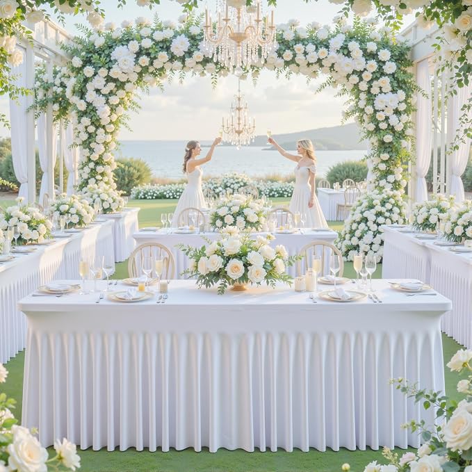 Besutolife 2 Pack White Table Cloths for 6 Foot Rectangle Tables, Wrinkle Free Fitted Spandex Table Covers 6ft, Stretch Tablecloth with Skirt for Wedding Birthday Banquet Parties - Image 9