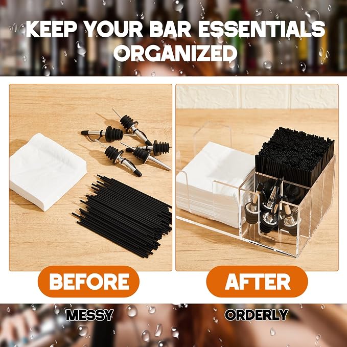 Mifoci Acrylic Bar Caddy with 6 Compartments, Bar Caddy Napkin & Straw Holder Organizer Cocktail Napkin Holder Condiments for Home Office Kitchen Countertop (Clear, 10.6 L x 5.5 W) - Image 4