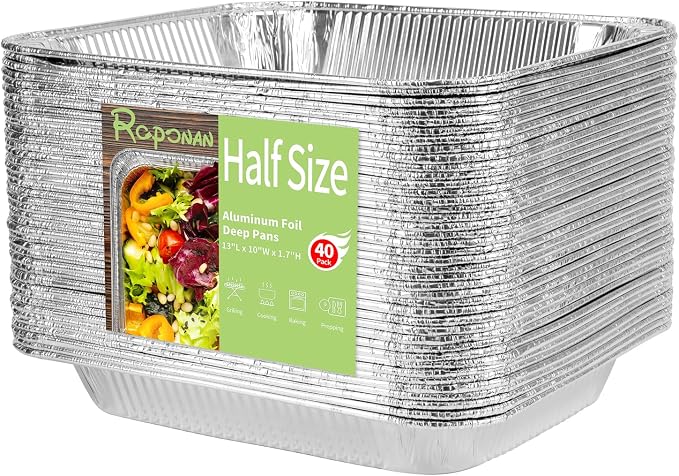 9x13 Aluminum Foil Pans, 40-Pack Half Size Disposable Aluminum Foil Trays, Shallow Steam Table Pans for Cooking, Baking, Grilling, Roasting, Heating & Serving Food by Roponan