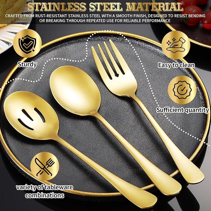 32 Piece Stainless Steel Serving Utensils Set - Complete Buffet Serving Spoons, Tongs, Ladles, Spatulas for BBQ, Parties, Weddings, Catering and Events (Gold) - Image 3