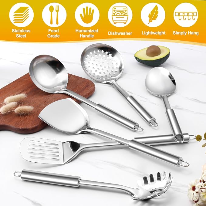 E-far Stainless Steel Kitchen Utensil Set of 6, Metal Cooking Utensils - Image 4