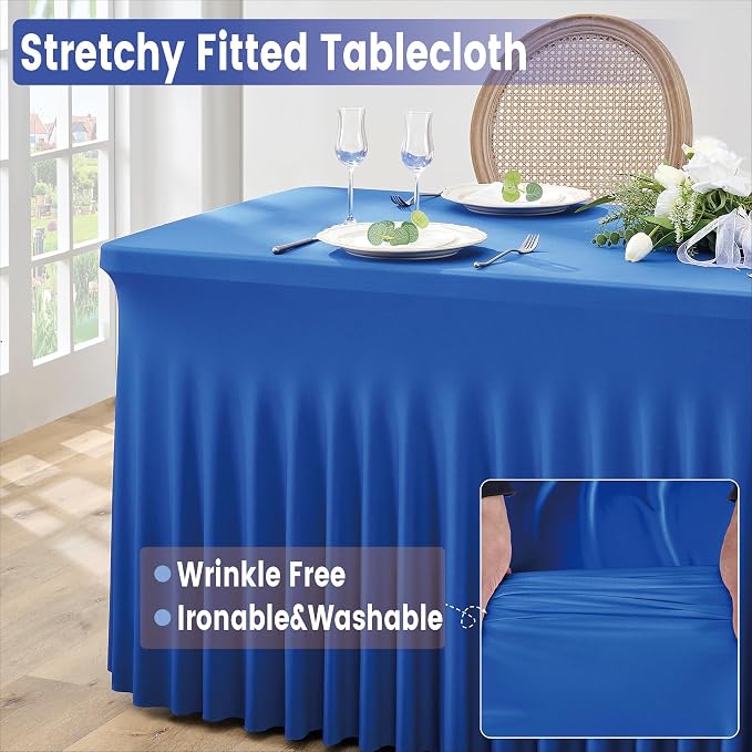 Spandex Tablecloth 6FT Rectangle Table Cover 4 Pcs Royal Blue Wrinkle-Free - Image 3