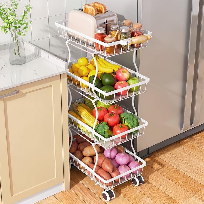 SAYZH 4-Tier Fruit Basket Stand with Vegetable Baskets for Kitchen, White | Stackable Metal Wire Basket, Sturdy Rolling Storage Carts for Kitchen, Pantry Organizer, Snack and Jar Storage by SAYZH