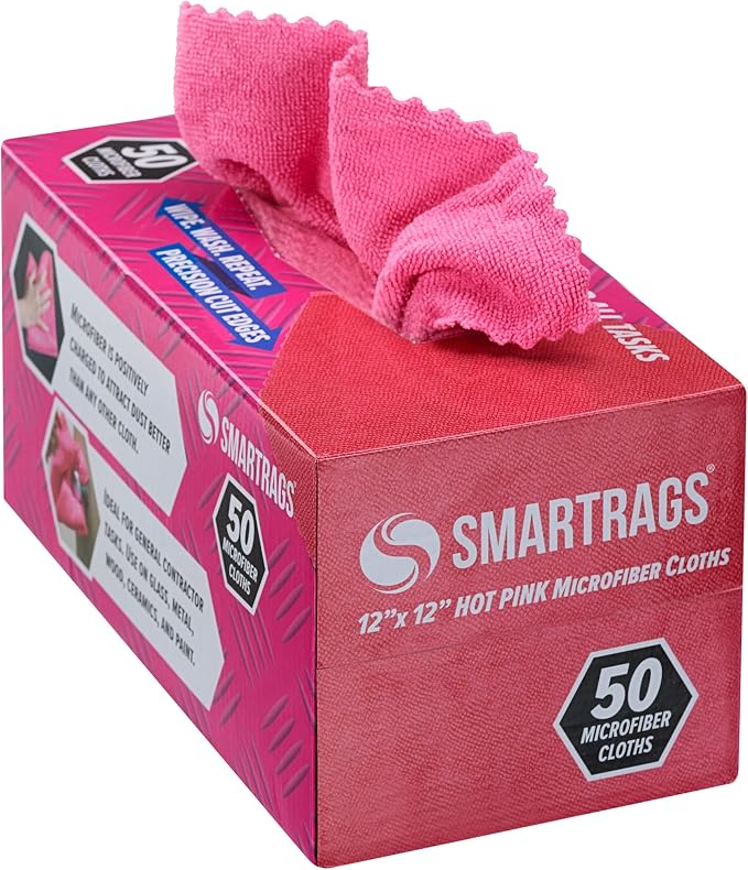 Arkwright Smart Rags Microfiber Cleaning Cloths, Pack of 50 in a Box, Lint Free 180 GSM Reusable Towels for Auto, Office and Household Cleaning, 12 x 12 in, Pink by Arkwright