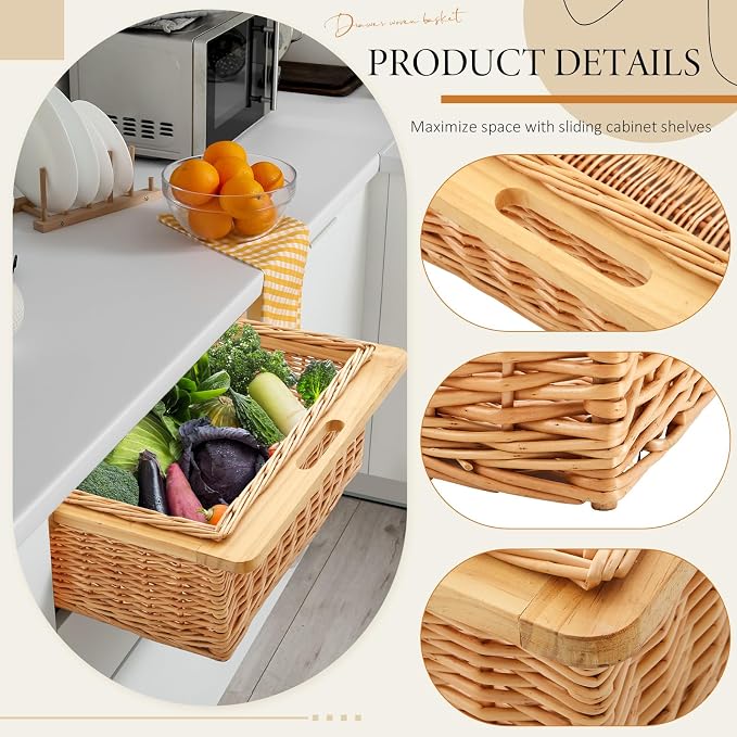 Rustic Wicker Pull out Cabinet Organizer Basket Drawers with Frame and Runners Slide 20" W x 20" l x 8" H for Kitchen Shelf Pantry Storage, Easy DIY Installation - Image 4