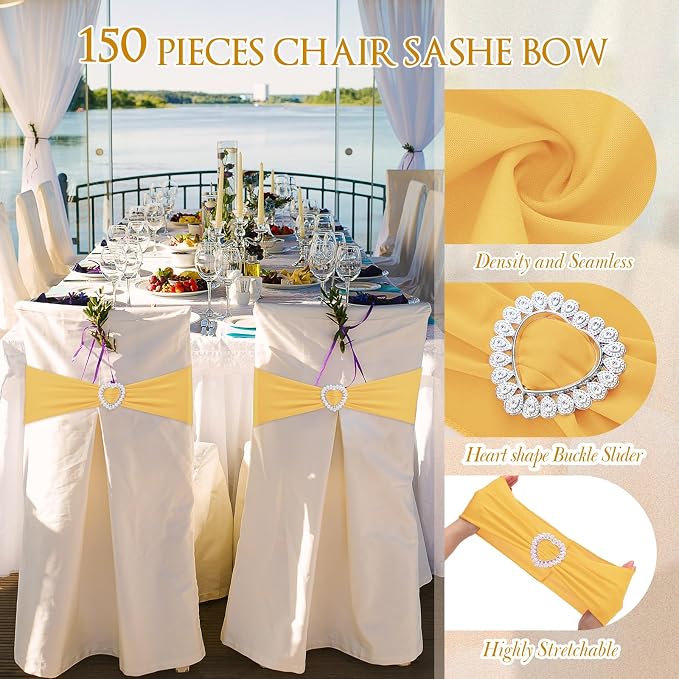 Colingmill 150 Pcs Spandex Chair Sashes Heart Buckle Elastic,Light Gold - Image 5