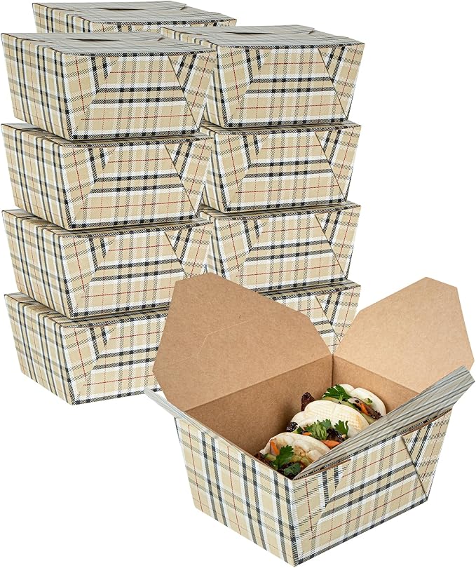 Restaurantware-Bio Tek 5.1 x 4.1 x 2.6 Inch Food Containers, 200 Durable Takeaway Boxes - Disposable, Sturdy, Plaid Paper 30 Ounce Takeout Boxes, Rectangle, For Takeouts And Delivery, Or Picnics by Restaurantware