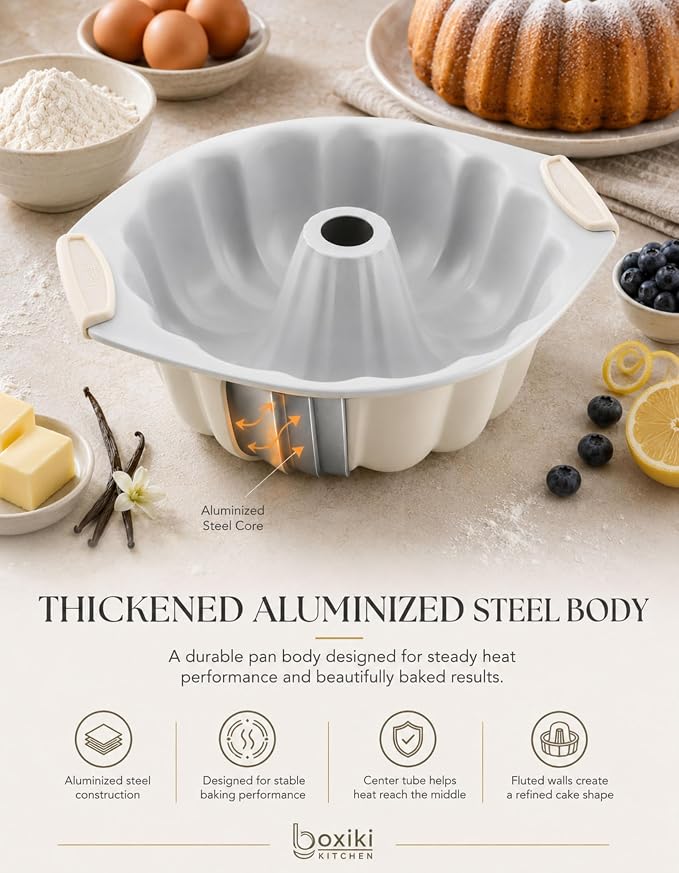 Boxiki Kitchen Ceramic Fluted Cake Pan, 12 x 10 x 3 Inches Nonstick Pound Cake Pan, Heavy Duty 0.6mm Aluminized Steel, KFCC Korean Ceramic Coating, Oven Safe to 550°F, PFAS-Free, Large Tube Cake Mold - Image 5