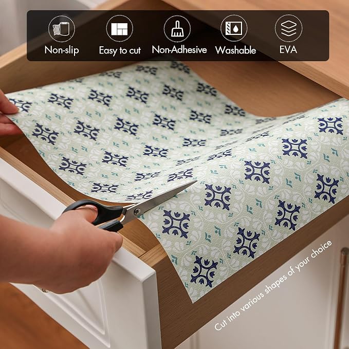 Cooyes Shelf and Drawer Liners for Kitchen Cabinets, Non-Adhesive Cabinet Liners, EVA Waterproof Durable Shelf Paper for Refrigerator, Shelves, Cupboard with European Pattern, Easy to Cut - Image 5