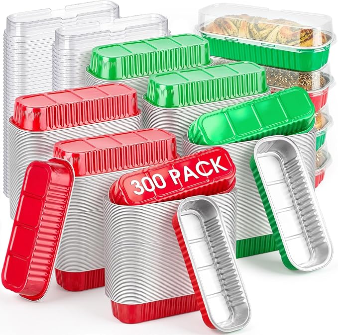 Qunclay 300 Pcs Mini Loaf Pans with Lids 6.8 oz Aluminum Foil Mini Cake Pans with Lids Rectangle Loaf Baking Cups Disposable Cake Containers for Muffin Ramekins Large Gatherings Parties (Red Green) by Qunclay