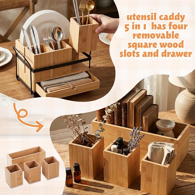 Qunclay Bamboo Wood Silverware Caddy with Drawer, 4 Compartments - Image 4