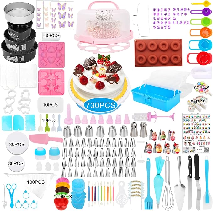 Cake Decorating Kit, 730 Pcs Cake Pop Kit Cake Decorating Supplies with Cake Carrier Holder Springform Pan Sets Toolbox Organizer Turntable Piping Bags Tips Chocolate Molds for Beginner Professional by Unknown
