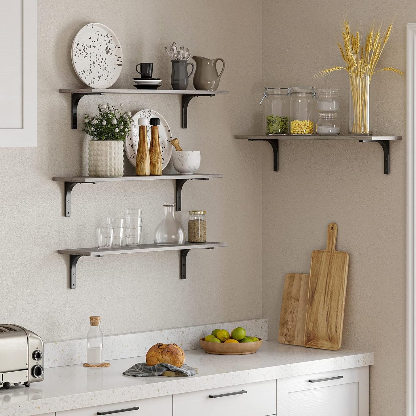 DINZI LVJ Long Wall Shelves, 31.5 Inch Wall Mounted Shelves Set of 2, Easy-to-Install, Wall Storage Ledges with Sturdy Metal Brackets for Living Room, Bathroom, Bedroom, Kitchen, Gray Wash