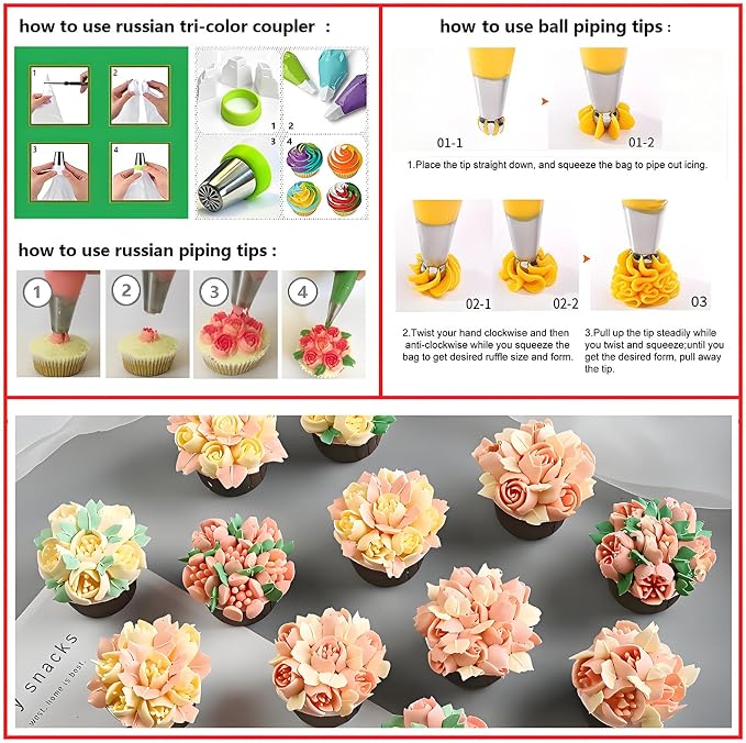 Cake Decorating Kit, 357 Pcs Baking Supplies | Aluminium Cake Turntable, Leveler, 50 Icing Tips, 8 Russian+Ball Tips, 2 Spatulas, 102 Pastry Bags, 109 Cupcake Liners & More - Image 5