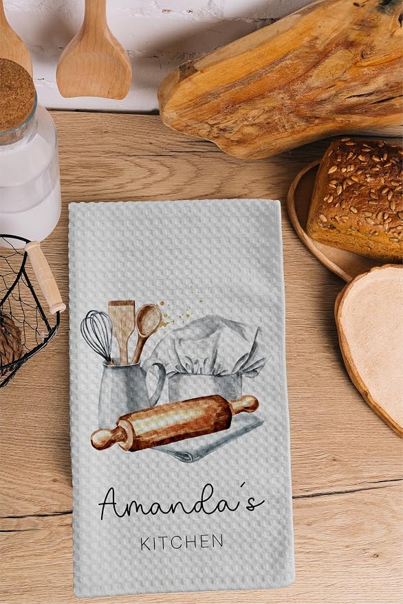 Personalized Kitchen Towel | Custom Tea Towel | Watercolor Utensil Dish Towel | Kitchen Decor | Hand Towel Gift Set | Waffle Weave Dishcloth (Pack of 4 Towels, Design 3) - Image 3