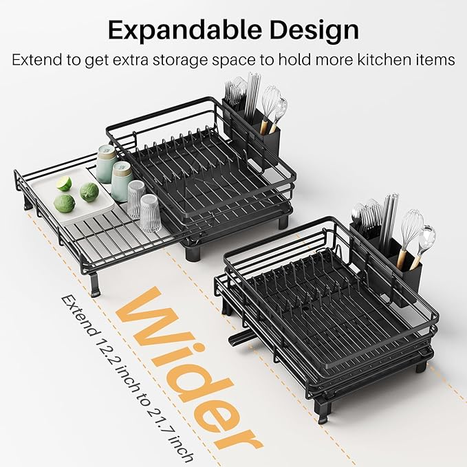 Expandable Dish Drying Rack for Kitchen Counter, Stainless Steel, Black - Image 4