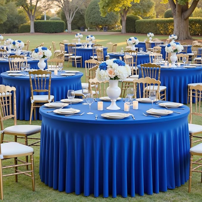 8 Pack Royal Blue Round Spandex Tablecloths for 60 inch Table, 120 inch Stretchy Fitted 5FT Round Table Cloths with Skirt for Wedding Birthday Party Dining Banquet by Htper