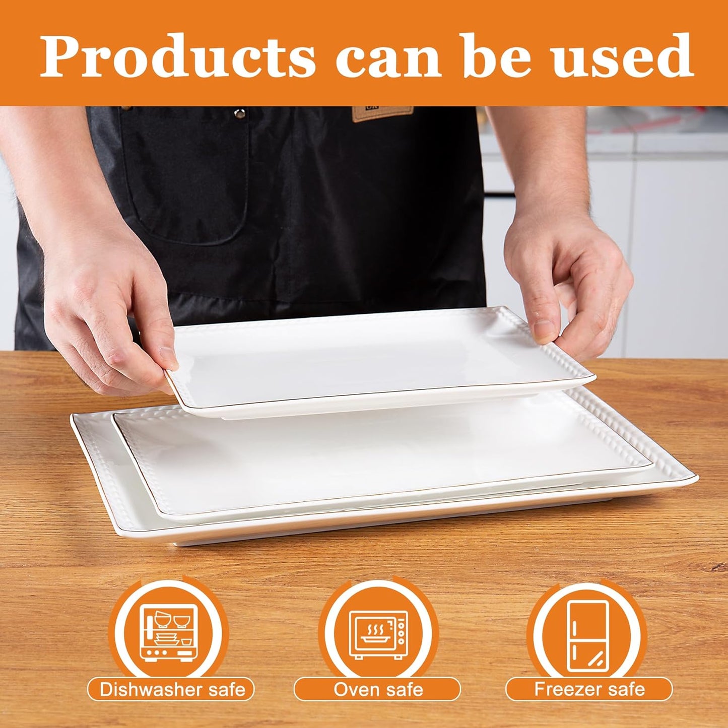 Kassel Ceramic Serving Platter Set | 14”/12” /10” Rectangular Serving Trays for Entertaining at Parties and Weddings | Oven Safe Large Serving Trays for Tacos, Steak, and Cake