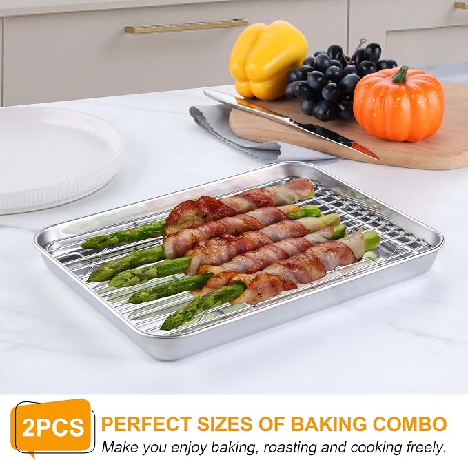 Homikit Mini Baking Sheet with Wire Rack for Toaster Oven (1 Pan+1 Rack) | 9x7 Inch Stainless Steel Baking Pan with Cooling Rack Set, Metal Cookie Sheets, Small Bacon Tray, Nonstick, Dishwasher Safe - Image 4