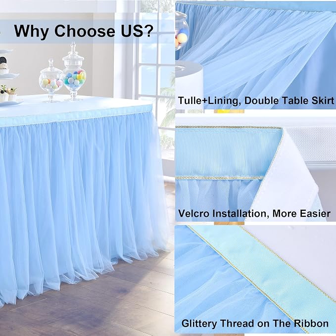 167in Baby Blue Tulle Table Skirts for Rectangle Tables 6/8ft, 2-Layer Gold Grim Ruffle Tulle Tutu Blue Cloth Table Skirt 14ft Decor Boy Birthday Party Baby Shower Cake Dessert Tables(No Table Cover) - Image 5