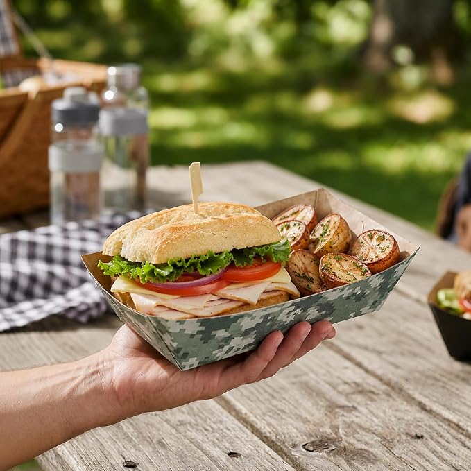 Restaurantware-Bio Tek 1/2 Pound Food Trays, 400 Disposable Paper Food Trays - Heavy-Duty, Greaseproof, Camouflage Paper Food Boats, For Snacks, Appetizers, Or Treats, Use At Parties Or Carnivals - Image 5