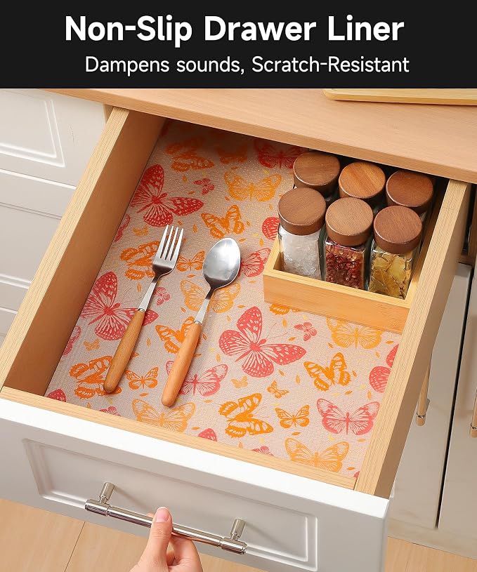 Drawer Liner Shelf Liners for Kitchen Cabinets Non Adhesive - Oil-Resistant Waterproof Sturdy and Resilient Kitchen Cabinet Liners for Shelves, Tool Box, Refrigerator(Red Butterfly, 17.5" W x 360" L) - Image 6