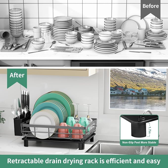 MOUKABAL Dish Drying Rack with Drainboard for Kitchen Counter, Grey - Image 7