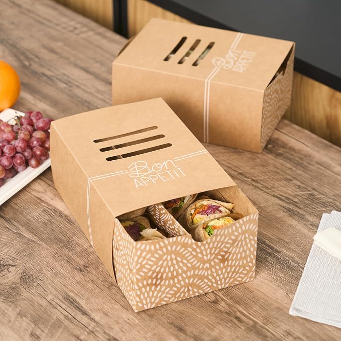 Restaurantware Take Out Food Containers 100 Count 8.3 x 5.7 x 3.7 Inches Paper Sandwich Boxes Disposable Food Packaging Box Design - Image 13