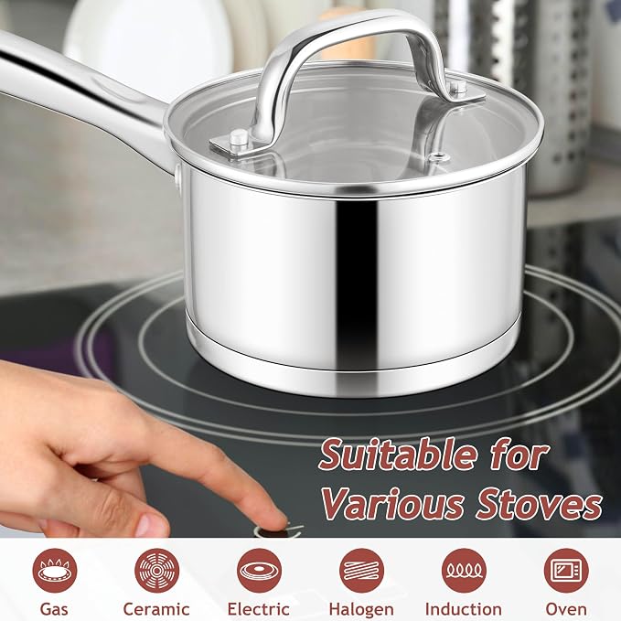 E-far 1 QT Small Saucepan with Lid, Stainless Steel Sauce Pan Boiling Pot - Image 3