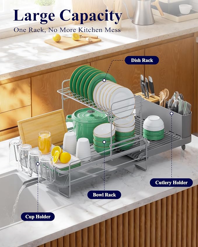 Kitsure Extendable Dish Drying Rack, 19.2"-26.7" L x 12.9" W, 2-Tier - Image 2