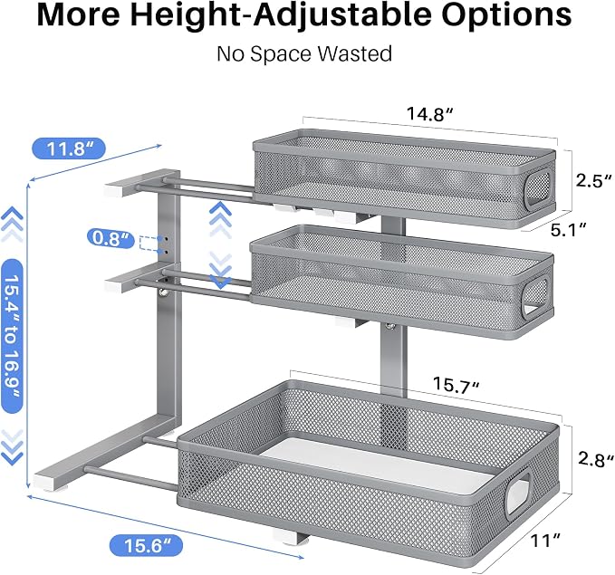 Under Sink Organizer, 3-Tier Thickened Metal Pull out Cabinet Organizer Shelf, Height Adjustable Slide out Storage Drawer Rack for Kitchen Bathroom Pantry Laundry Home Organization, 1-Pack, Grey - Image 9