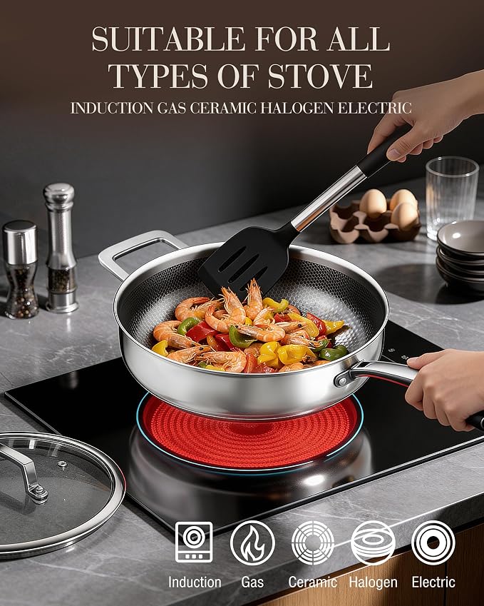 FogDream Non Stick Frying Pans, 10in Titanium Pans for Cooking, Hybrid Stainless Steel Skillet with Spatulas, PFOA Free Cookware, Stay Cool Handle, Dishwasher & Oven-Safe,Induction Compatible,Gold - Image 2
