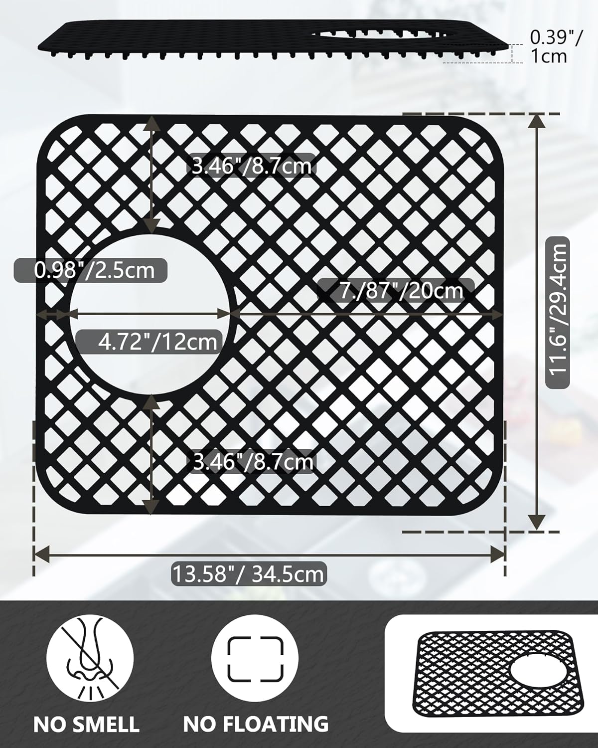 2 Pack Silicone Sink Protectors for Kitchen Sink, Lozenge Pattern 13 x 11 Inches Sink Mat, Non-Slip and Durable Sink Protector Silicone, Rear Drain, Black