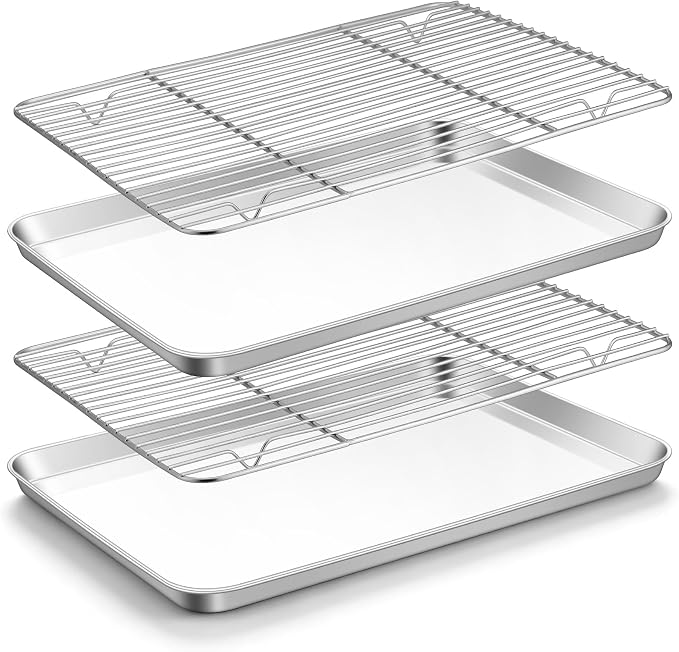TeamFar Stainless Steel Baking Sheet with Rack Set, 16"x12"x1" | 2 Pans + 2 Racks, Cookie Sheet Baking Pan Tray with Cooling Rack for Cooking, Non-Toxic & Rust Proof, Dishwasher Safe by TeamFar