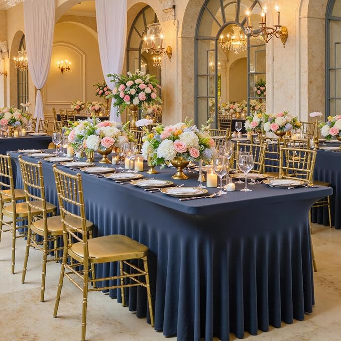 6 pk Navy Blue Spandex Tablecloth 6ft with Ruffled Skirt, Wrinkle Free High Stretch Fitted Tablecloths for 6 Foot Rectangle Tables, Elastic Navy Spandex Table Covers 6 ft for Graduation Wedding Party - Image 6