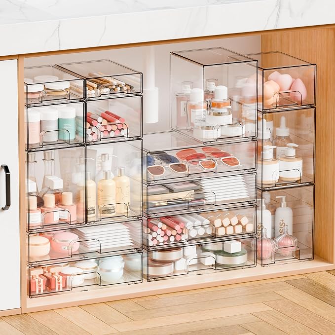 Yieach 2 Pack Clear Stackable Storage Drawers,4.4'' Tall Acrylic Drawer Containers for Organizing,Bathroom Organizers and Storage Bin Box,Plastic Makeup,Medicine Organizer Bins for Cabinet,Undersink - Image 7