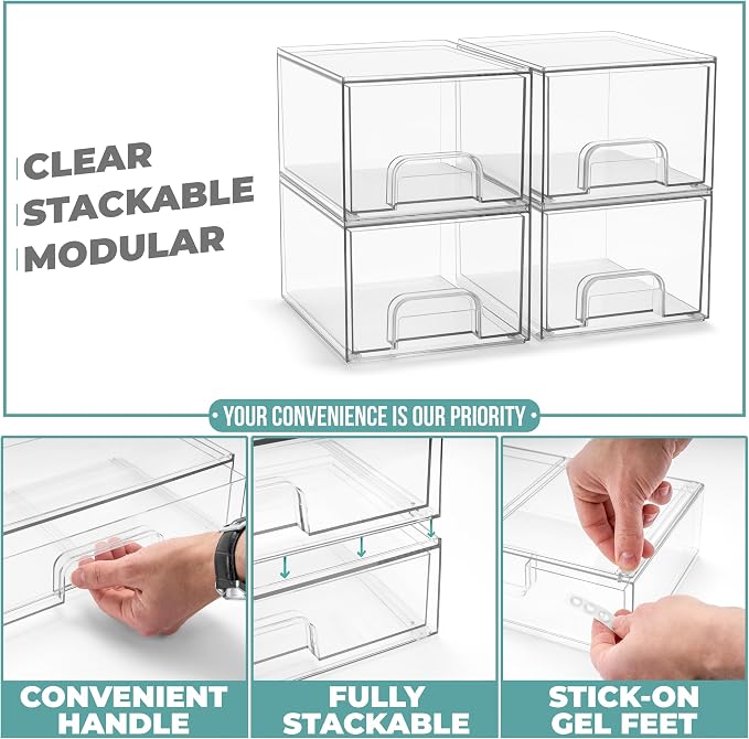 Sorbus Clear Stackable Storage Drawers (4 Pack, 4.4'' Tall) - Image 5