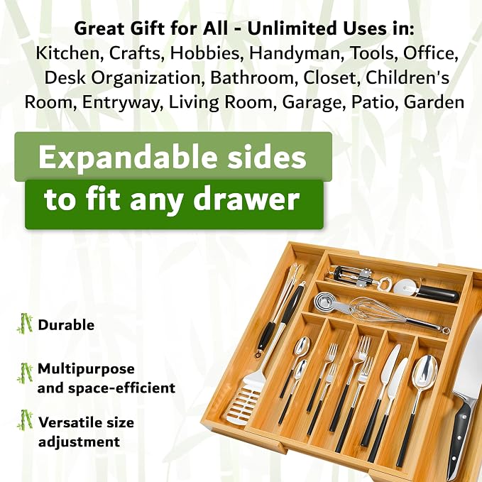 Nature Gear Bamboo Kitchen Drawer Organizer, Expandable Wood Utensil Tray, Adjustable Silverware Organizer with 9 Compartments for Fork, Spoon & Knife Utensils - Image 2